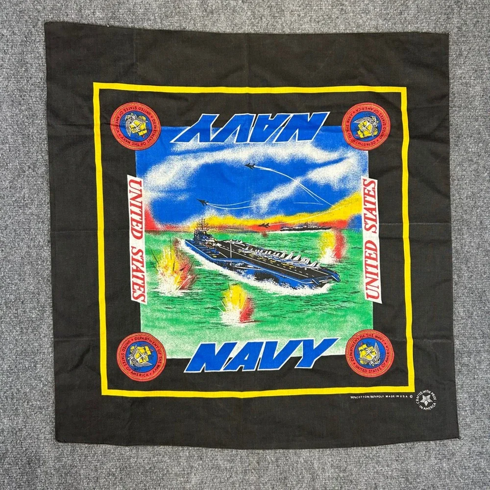 Vintage US Navy Bandana Aircraft Carrier Fighter Jet Black USA Made Cotton Poly